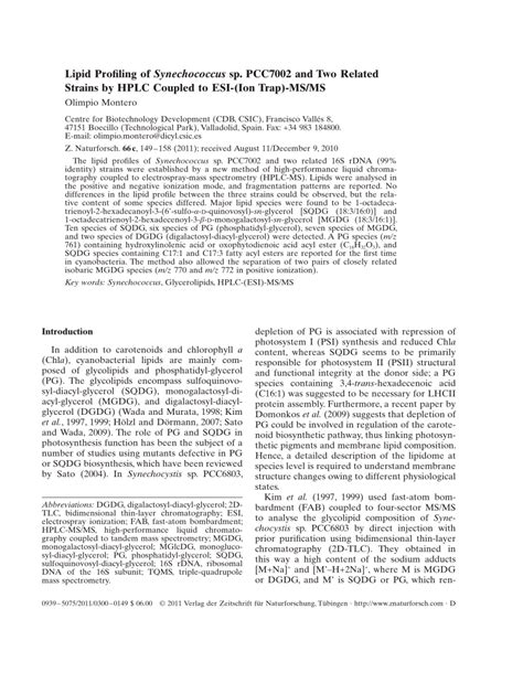 PDF Lipid Profiling Of Synechococcus Sp PCC7002 And Two Related