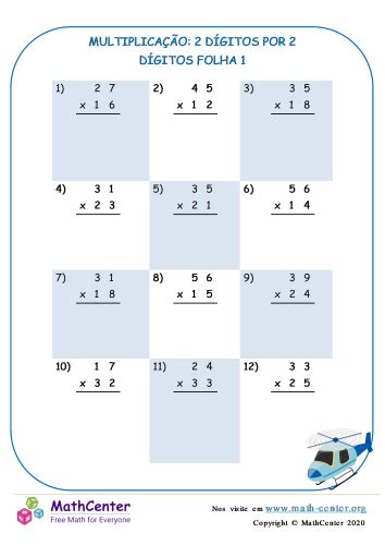 Multiplicação 2 Dígitos Por 2 Dígitos Folha 1 Planilhas Math Center