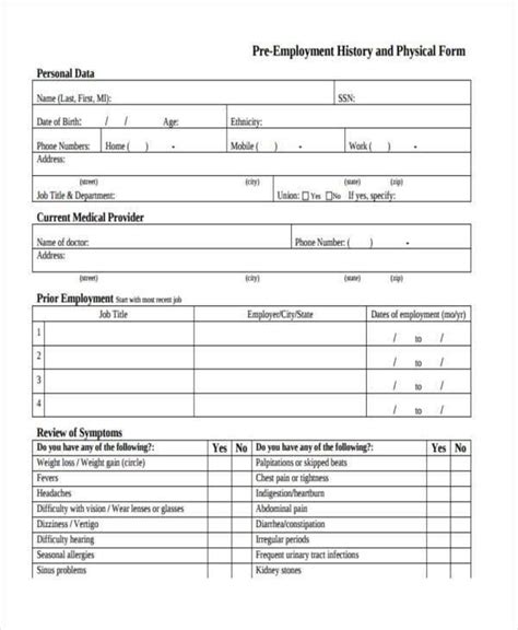 Employment Printable Blank Physical Form