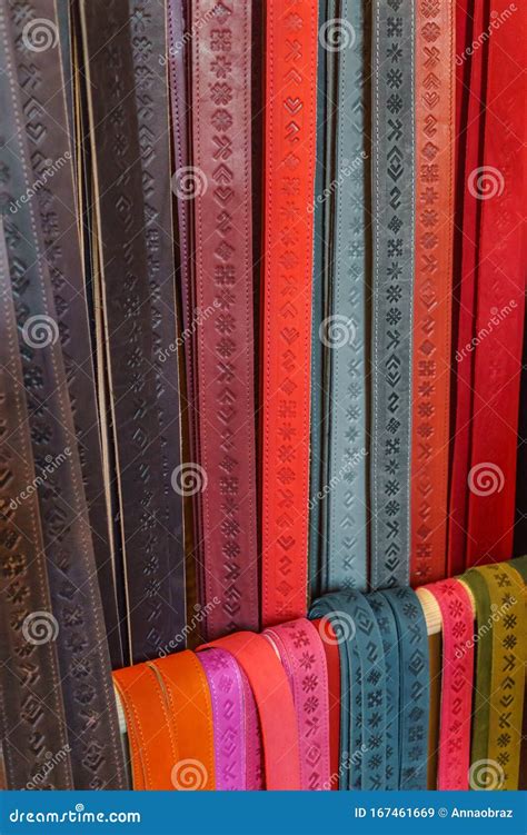 Multi Colored Leather Belts Handmade Latvia Koknese July 2017 Stock