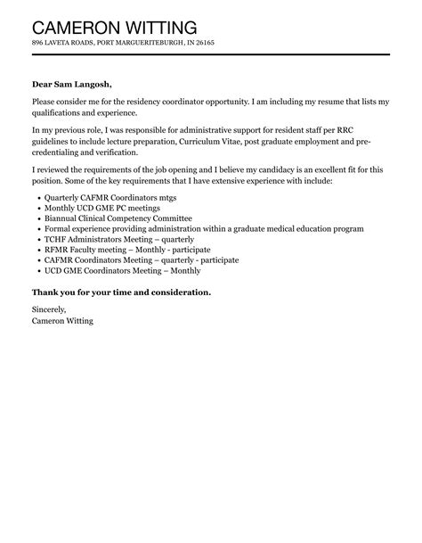 Residency Coordinator Cover Letter Velvet Jobs