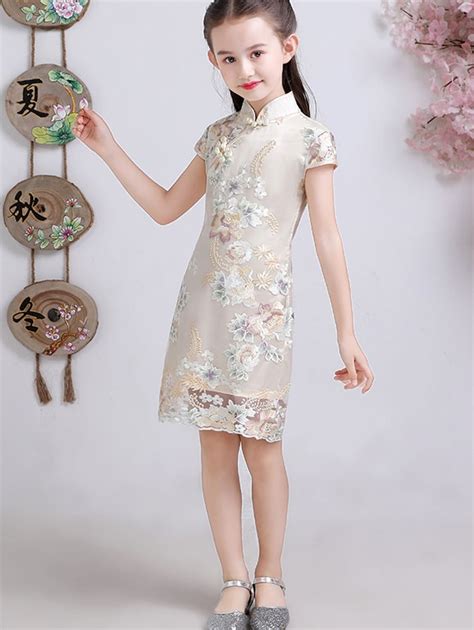 Embroidered Overlay Kids Girls Qipao Cheongsam Dress Cozyladywear