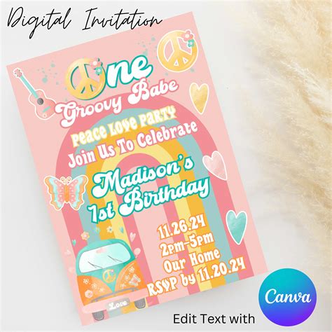 Handmade Supplies Digital Files Templates One Groovy Babe Party Invitation One Groovy