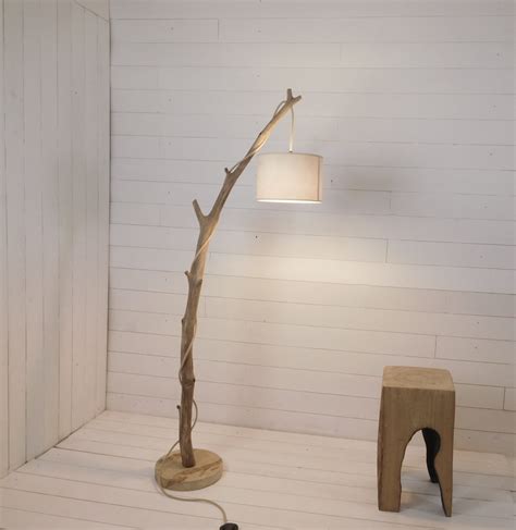 Weathered Wood Floor Lamp With Hanging Vintage Bulb And Cloth Flex