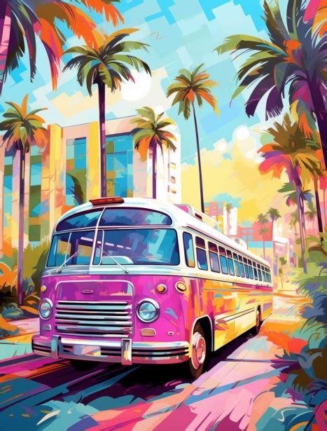 Vintage Bus Tropical City Art Free Stock Photo - Public Domain Pictures