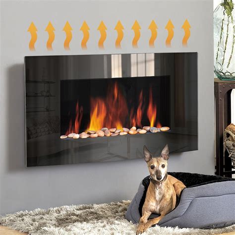 Wall Mounted Electric Fire Fireplace Black Glass Curved LED Flicker