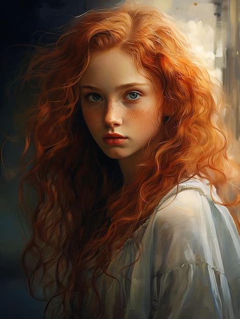 Premium Ai Image Young Girl Red Hair Blue Eyes Long Orange Ultra