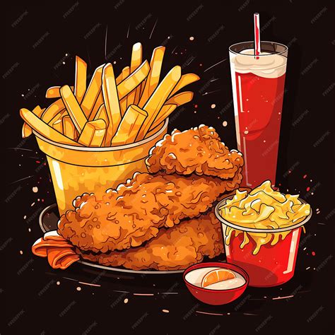 Premium Photo | A drawing of a chicken and french fries and a container ...