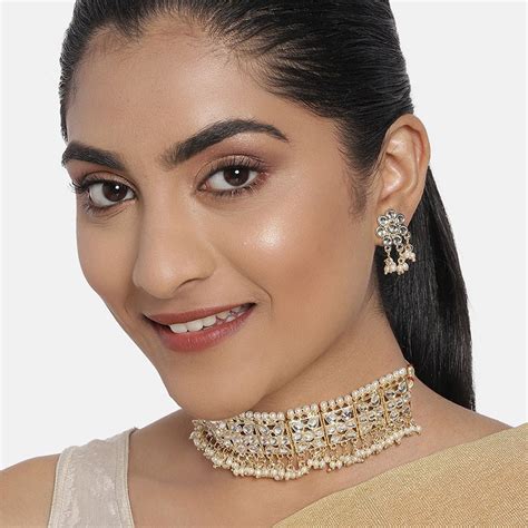 Buy Zaveri Pearls Gold Tone Kundan And Pearls Wedding Collection Choker Necklace And Earring Set