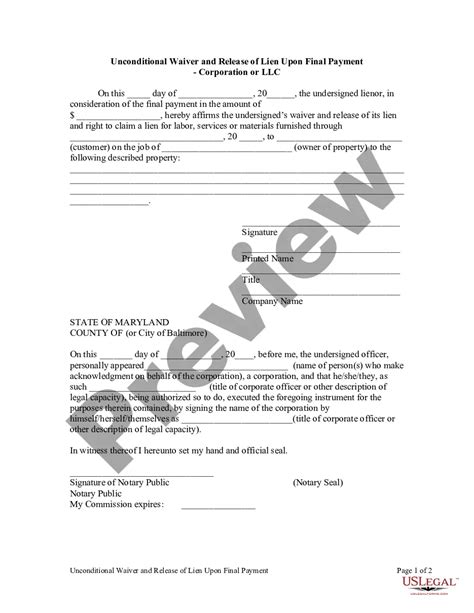 Maryland Unconditional Waiver And Release Upon Final Payment Maryland