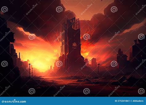 Postapocalyptic Cityscape With Fiery Sky And Smoke Rising From The