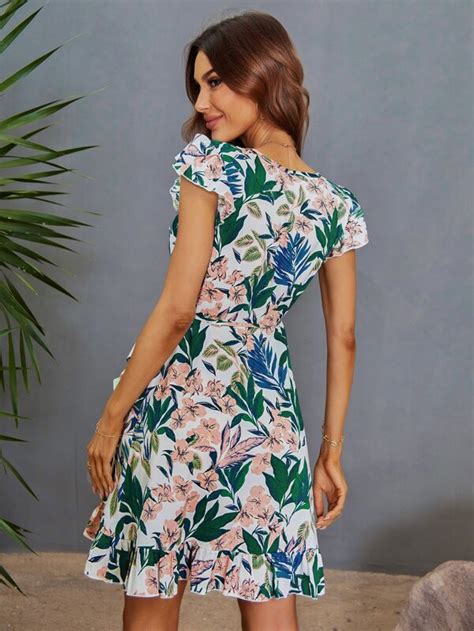 SHEIN VCAY Vestido Cruzado Con Estampado Floral De Manga Con Volante