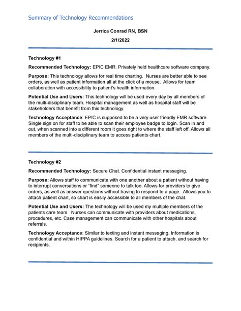 Technology Summary Summary Of Technology Recommendations Jerrica