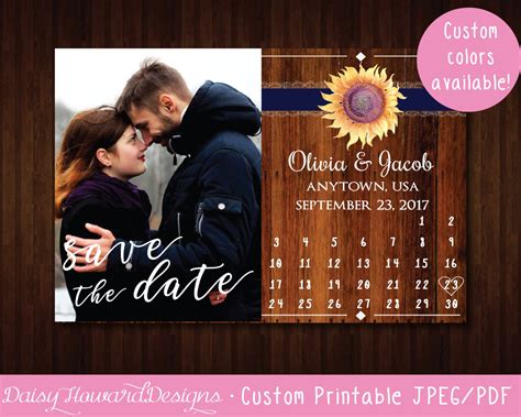 Custom Printable Rustic Sunflower Save The Date Card Wedding Postcard Save The Date Calendar