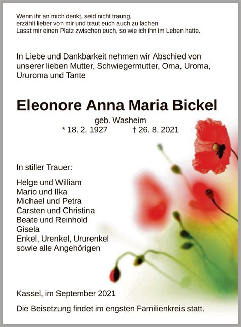 Traueranzeigen Von Eleonore Anna Maria Bickel Trauer Hna De