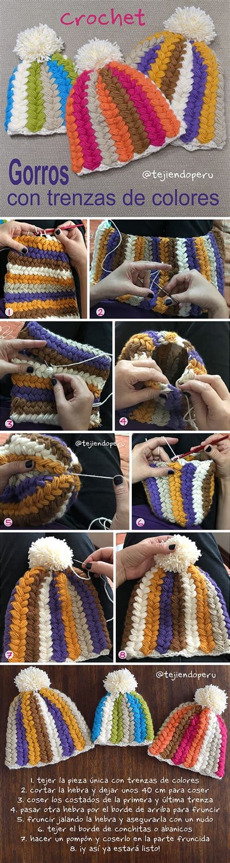 Gorros Con Trenzas De Colores Tejidos A Crochet Paso A Paso En Video