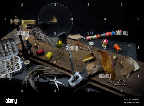 fishing fly tying workshop equipment  accessories stock photo alamy