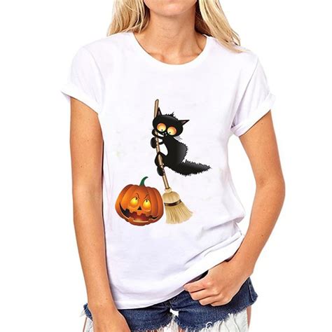 Women Harajuku Funny Halloween Pumpkin And Black Cat Printing T Shirts