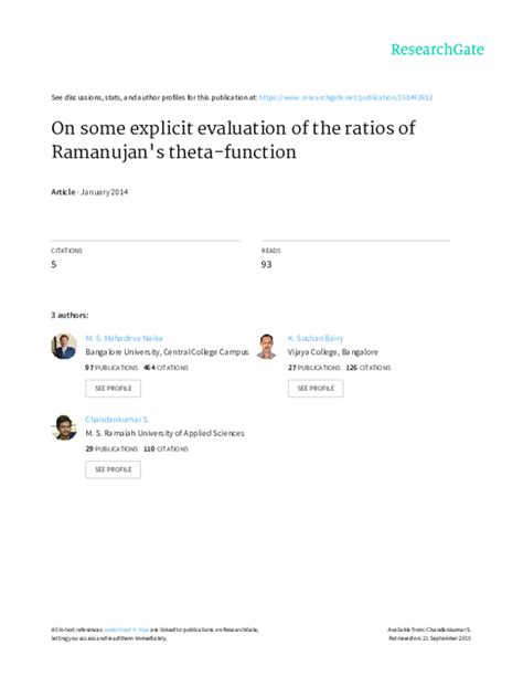 Pdf On Some Explicit Evaluations Of The Ratios Of Ramanujan S Theta Function M S Mahadeva