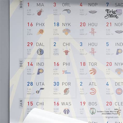 NBA 2022 2023 Season Calendar for Basketball Team Fans Golden - Etsy