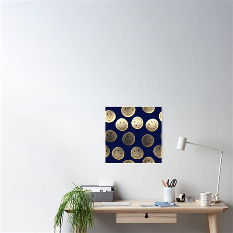 Happy Vintage Gold Metallic Smiley Faces Pattern Indigo Background