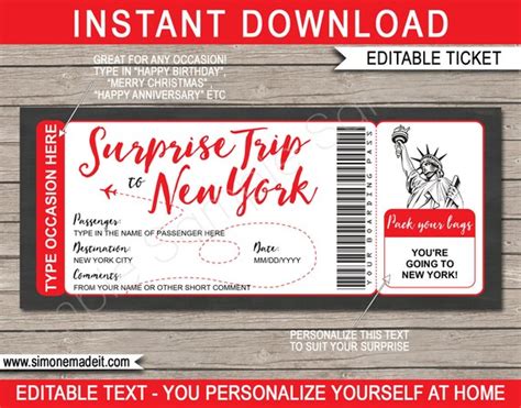 New York Boarding Pass Ticket Printable Template Surprise Nyc Trip