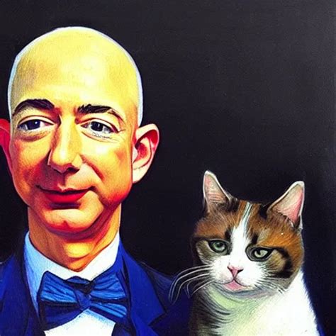 A Beautiful Oil Painting Of Jeff Bezos Holding A Cat Stable