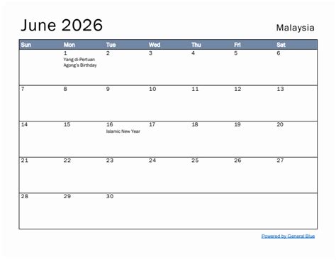 June 2026 Monthly Calendars with Malaysia Holidays