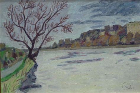 A Painting Of A Tree In The Middle Of A Snowy Field With Buildings On It