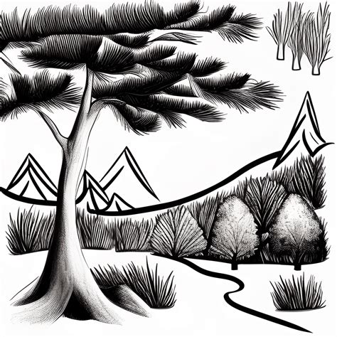 Forest Landscape Black and White Delicate Marker Outline Drawing ...