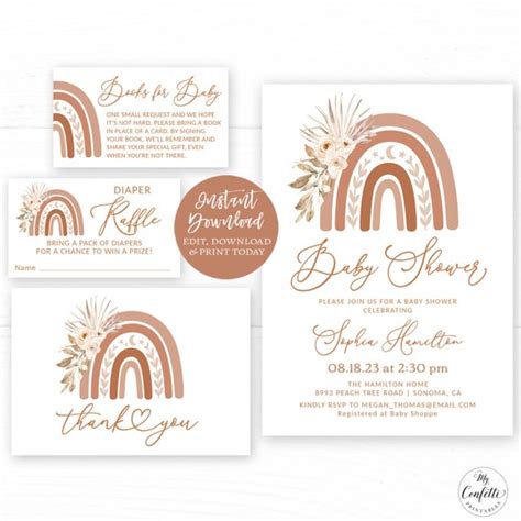 Boho Rainbow Baby Shower Invitation Bundle Printable Baby Etsy