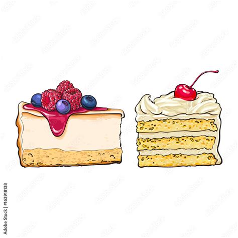 Hand Drawn Desserts Pieces Slices Of Cheesecake And Layered Vanilla