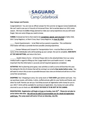 Fillable Online Dear Camper And Parents Saguaro Camp Cedarbrook Fax