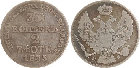 Polen Russland 30 Kopeken 2 Zlote 1835 MW Nikolaus I 1825 1855