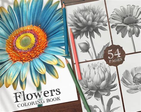 54 Flowers Digital Coloring Book, Floral Coloring Pages, Rose Coloring PNG, Lily Printable PDF ...