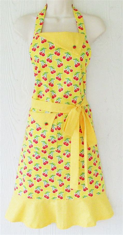 Yellow Cherry Apron Full Retro Apron Polka Dots Cherries Etsy Retro