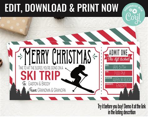 Christmas Ski Trip Ticket Surprise T Voucher Ski Lift Ticket