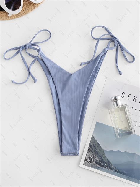 OFF ZAFUL Ribbed Solid Tied High Cut String Bikini Bottom In LIGHT BLUE ZAFUL