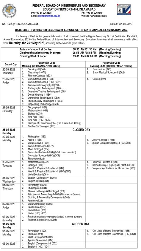 Fbise Federal Board Inter Th Class Date Sheet Roll Number Slip