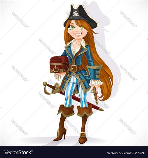 Cute Pirate Girl With Cutlass Pistol And Chest Vector Image