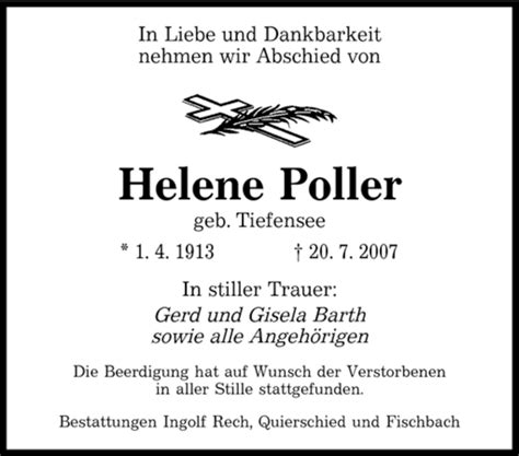 Traueranzeigen Von Helene Poller Saarbruecker Zeitung Trauer De