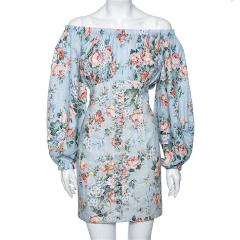 Zimmermann Blue Floral Printed Cotton Bowie Off Shoulder Dress S