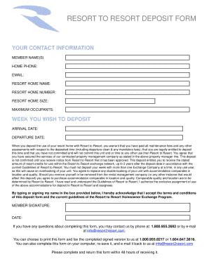 Fillable Online RESORT TO RESORT DEPOSIT FORM Fax Email Print PdfFiller