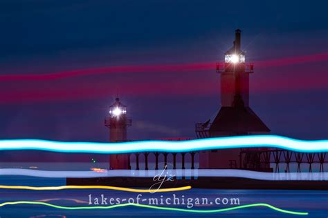 St Jospeph Lighthouses At Night Long Exposure With Boat Lights