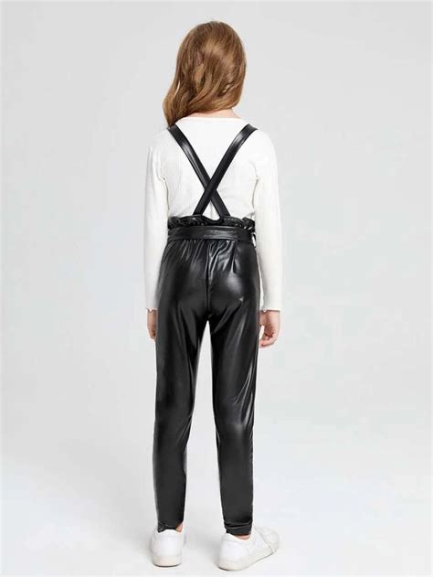 Shein Girls Zip Front Belted Patent Suspender Jumpsuit Without Tee