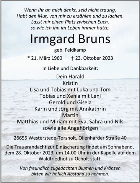 Traueranzeigen Von Irmgard Bruns Nordwest Trauer De