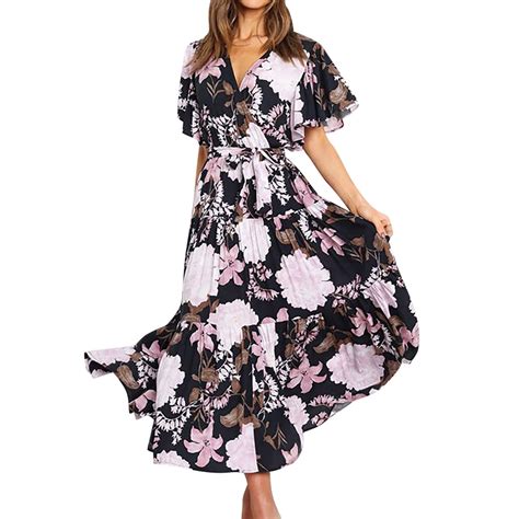 Yoeyez Summer Maxi Dress For Women Ruffle Floral Belt Dresses Wrap V