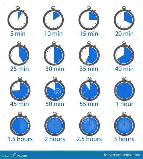 Set of Clocks Showing Passing Minutes and Hours Stock Vector