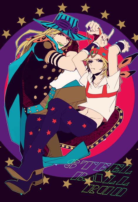 Safebooru 2boys Blonde Hair Blue Eyes Cape Feathers Gyro Zeppeli Hat Hip Lines Johnny Joestar