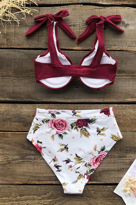 Romantic Red Floral High Waisted Bikini